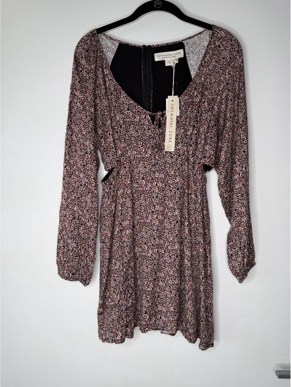 Saltwater Luxe Long Sleeve Mini Dress Ditsy Pink Floral Boho Side Cutouts SMALL